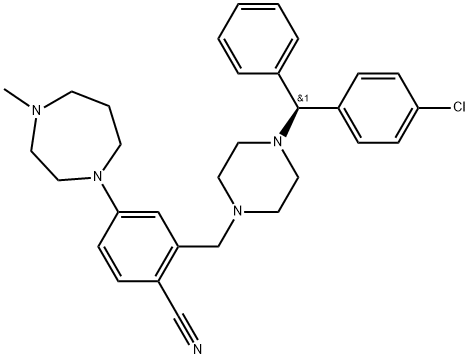 Benzonitrile, 2-[[4-[(S)-(4-chlorophenyl)phenylmethyl]-1-piperazinyl]methyl]-4-(hexahydro-4-methyl-1H-1,4-diazepin-1-yl)- Struktur