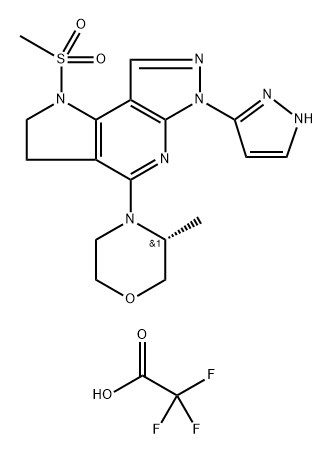 Pyrazolo[3,4-b]pyrrolo[2,3-d]pyridine, 1,2,3,6-tetrahydro-4-[(3R)-3-methyl-4-morpholinyl]-1-(methylsulfonyl)-6-(1H-pyrazol-3-yl)-, 2,2,2-trifluoroacetate (1:1) Struktur