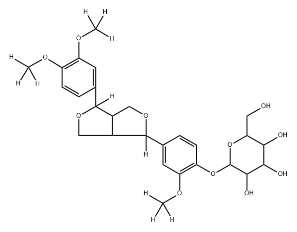 2-(4-(4-(3,4-bis(methoxy-d3)phenyl)tetrahydro-1H,3H-furo[3,4-c]furan-1-yl-1,4-d2)-2-(methoxy-d3)phenoxy)-6-(hydroxymethyl)tetrahydro-2H-pyran-3,4,5-triol Struktur