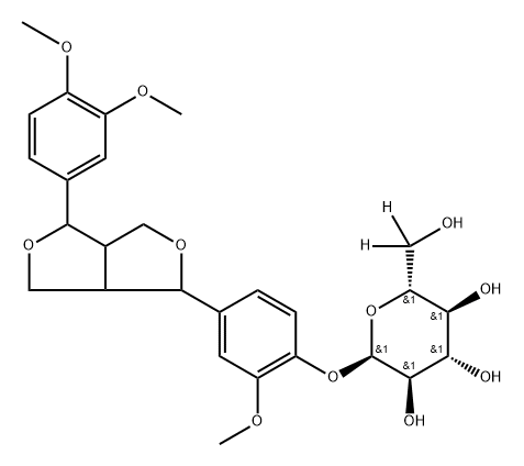 (2R,3R,4S,5S,6R)-2-(4-(4-(3,4-dimethoxyphenyl)tetrahydro-1H,3H-furo[3,4-c]furan-1-yl)-2-methoxyphenoxy)-6-(hydroxymethyl-d2)tetrahydro-2H-pyran-3,4,5-triol Struktur