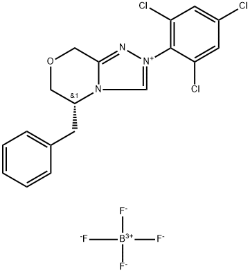 (R)-5-Benzyl-2-(2,4,6-trichlorophenyl)-5,6-dihydro-8H-[1,2,4]triazolo[3,4-c][1,4]oxazin-2-ium tetrafluoroborate Struktur