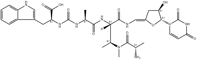 L-Tryptophan, N-[[[(1S)-2-[[(1S,2S)-2-[[(2S)-2-amino-1-oxopropyl]methylamino]-1-[[[(Z)-[(4R,5R)-5-(3,4-dihydro-2,4-dioxo-1(2H)-pyrimidinyl)dihydro-4-hydroxy-2(3H)-furanylidene]methyl]amino]carbonyl]propyl]amino]-1-methyl-2-oxoethyl]amino]carbonyl]- Struktur