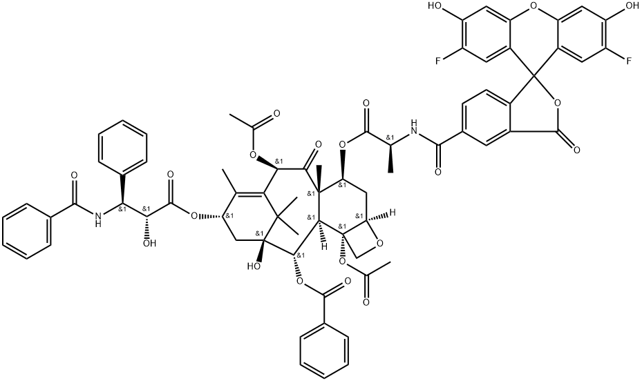 (2aR,4S,4aS,6R,9S,11S,12S,12aR,12bS)-6,12b-Bis(acetyloxy)-9-[(2R,3S)-3-(benzoylamino)-2-hydroxy-1-oxo-3-phenylpropoxy]-12-(benzoyloxy)-2a,3,4,4a,5,6,9,10,11,12,12a,12b-dodecahydro-11-hydroxy-4a,8,13,13-tetramethyl-5-oxo-7,11-methano-1H-cyclodeca[3,4]benz[1,2-b]oxet-4-yl ester N-[(2',7'-difluoro-3',6'-dihydroxy-3-oxospiro[isobenzofuran-1(3H),9'-[9H]xanthen]-5-yl)carbonyl]-L-alanine Struktur