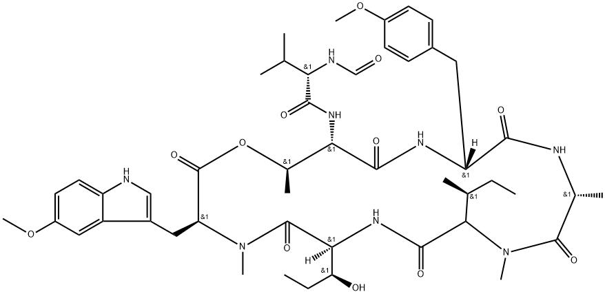 N-(N-Formyl-L-Val-)cyclo[L-Thr*-4-methoxy-D-Phe-D-Ala-N-methyl-L-aIle-[(3S)-3-hydroxy-L-Nva-]-5-methoxy-N-methyl-L-Trp-] Struktur