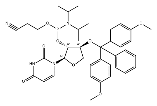 Phosphoramidous acid, bis(1-methylethyl)-, (2R,3R,4S)-4-[bis(4-methoxyphenyl)phenylmethoxy]-2-(3,4-dihydro-2,4-dioxo-1(2H)-pyrimidinyl)tetrahydro-3-furanyl 2-cyanoethyl ester (9CI) Struktur