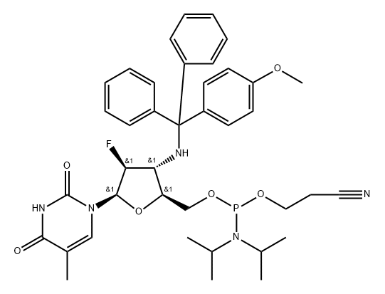 2,?4(1H,?3H)?-?Pyrimidinedione, 1-?[5-?O-?[[bis(1-?methylethyl)?amino]?(2-?cyanoethoxy)?phosphino]?-?2,?3-?dideoxy-?2-?fluoro-?3-?[[(4-?methoxyphenyl)?diphenylmethyl]?amino]?-?β-?D-?arabinofuranosyl]?-?5-?methyl- Struktur