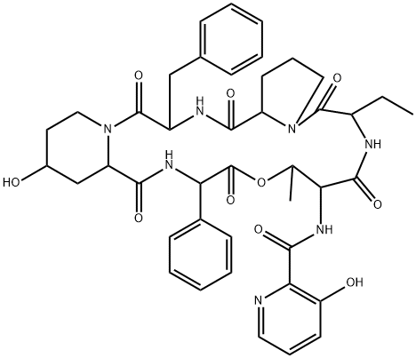 N-[(3-Hydroxy-2-pyridinyl)carbonyl]cyclo[L-Thr*-D-Abu-L-Pro-L-Phe-[(4R)-4-hydroxy-L-pipecoloyl]-L-phenyl Gly-] Struktur