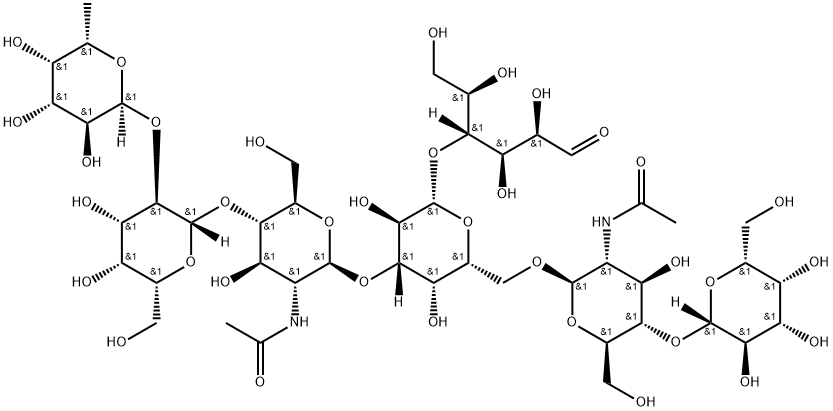 O-6-Deoxy-alpha-L-galactopyranosyl-(1-2)-O-beta-D-galactopyranosyl-(1-4)-O-2-(acetylamino)-2-deoxy-beta-D-glucopyranosyl-(1-3)-O-[O-beta-D-galactopyranosyl-(1-4)-2-(acetylamino)-2-deoxy-beta-D-glucopyranosyl-(1-6)]-O-beta-D-galactopyranosyl-(1-4)-D-glucose Struktur