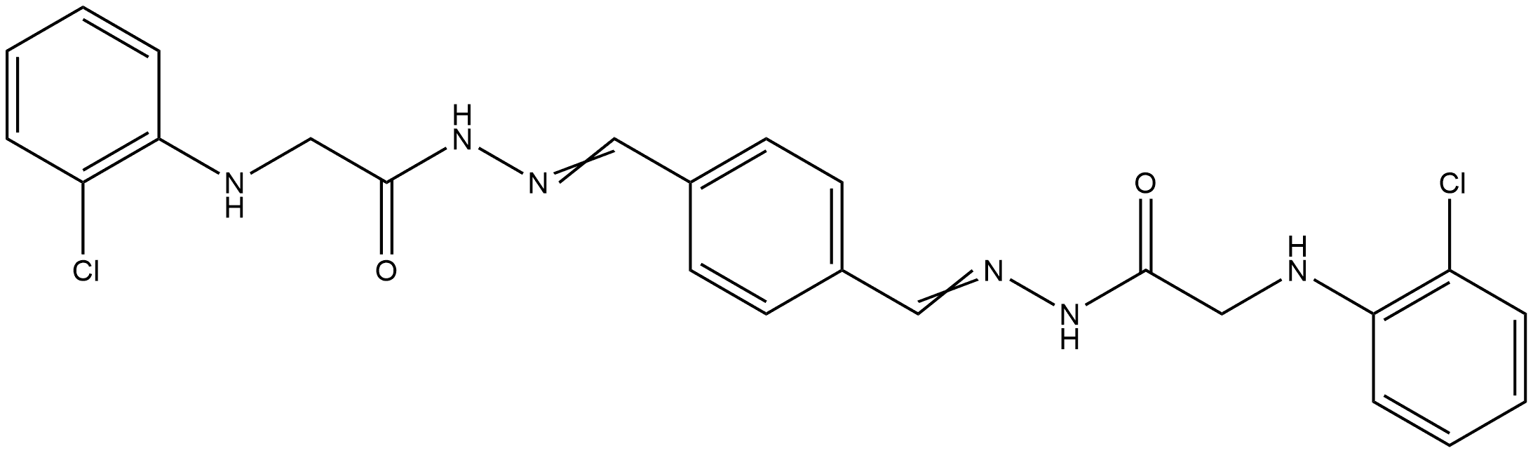 N',N''-[1,4-phenylenedi(methylylidene)]bis{2-[(2-chlorophenyl)amino]acetohydrazide} (non-preferred name) Struktur