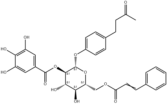 4-(3-Oxobutyl)phenyl 6-O-[(2E)-3-phenyl-2-propenoyl]-2-O-(3,4,5-trihydroxybenzoyl)-β-D-glucopyranoside Struktur