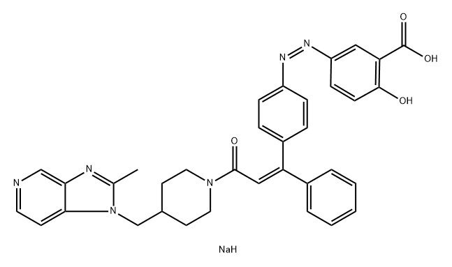 Benzoic acid, 2-hydroxy-5-[2-[4-[(1Z)-3-[4-[(2-methyl-1H-imidazo[4,5-c]pyridin-1-yl)methyl]-1-piperidinyl]-3-oxo-1-phenyl-1-propen-1-yl]phenyl]diazenyl]-, sodium salt (1:1) Struktur