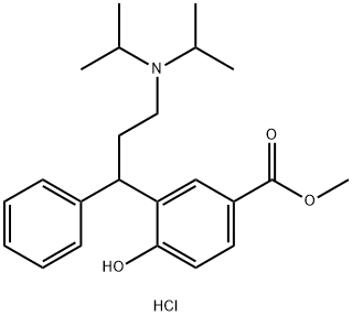 Benzoic acid, 3-[3-[bis(1-methylethyl)amino]-1-phenylpropyl]-4-hydroxy-, methyl ester, hydrochloride (1:1) Structure