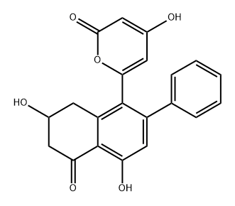 2H-Pyran-2-one, 4-hydroxy-6-(5,6,7,8-tetrahydro-4,7-dihydroxy-5-oxo-2-phenyl-1-naphthalenyl)-, (+)- Struktur