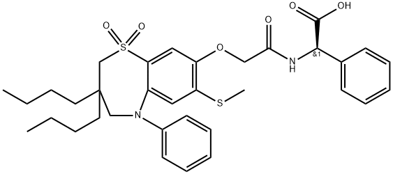 Benzeneacetic acid, α-[[2-[[3,3-dibutyl-2,3,4,5-tetrahydro-7-(methylthio)-1,1-dioxido-5-phenyl-1,5-benzothiazepin-8-yl]oxy]acetyl]amino]-, (αR)- Struktur