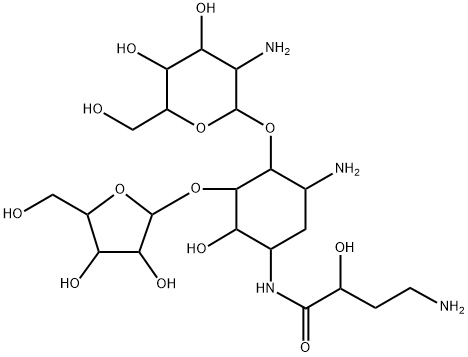 4-O-(2-Amino-2-deoxy-α-D-glucopyranosyl)-5-O-(β-D-xylofuranosyl)-N1-(4-amino-2-hydroxy-1-oxobutyl)-2-deoxy-D-streptamine Struktur