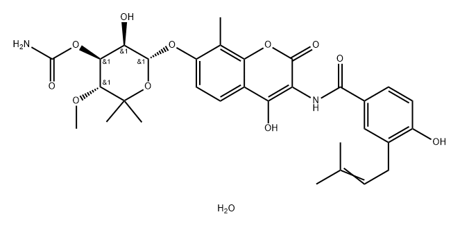 Benzamide, N-[7-[[3-O-(aminocarbonyl)-6-deoxy-5-C-methyl-4-O-methyl-α-L-lyxo-hexopyranosyl]oxy]-4-hydroxy-8-methyl-2-oxo-2H-1-benzopyran-3-yl]-4-hydroxy-3-(3-methyl-2-butenyl)-, monohydrate (9CI) Struktur