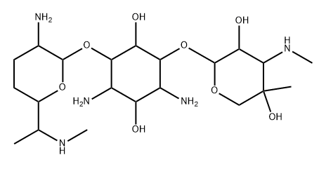 D-Streptamine, O-2-amino-2,3,4,6,7-pentadeoxy-6-(methylamino)-α-D-ribo-heptopyranosyl-(1→4)-O-[3-deoxy-4-C-methyl-3-(methylamino)-β-L-arabinopyranosyl-(1→6)]- (9CI) Struktur