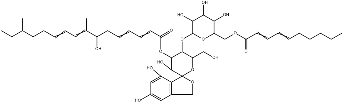 1,1-O-(4,6-Dihydroxy-1,2-phenylenemethylene)-4-O-[6-O-(1-oxo-2,4-decadienyl)-β-D-galactopyranosyl]-α-D-glucopyranose 3-(7-hydroxy-8,14-dimethylhexadeca-2,4,8,10-tetraenoate) Struktur