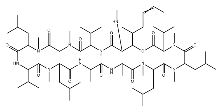 Cyclo[Sar-N-methyl-L-Leu-L-Val-N-methyl-L-Leu-L-Ala-D-Ala-N-methyl-L-Leu-N-methyl-L-Leu-N-methyl-L-Val-[[(2S,3R,4R,6E)-3-hydroxy*-2-methylamino-4-methyl-6-octenoyl]-L-Val-]] Struktur