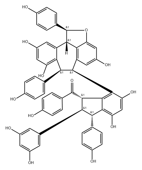 Methanone, [(1R,2S,3R)-2-(3,5-dihydroxyphenyl)-2,3-dihydro-4,6-dihydroxy-3-(4-hydroxyphenyl)-7-[(1R,6R,7R,11bR)-1,6,7,11b-tetrahydro-4,8,10-trihydroxy-1,7-bis(4-hydroxyphenyl)benzo[6,7]cyclohepta[1,2,3-cd]benzofuran-6-yl]-1H-inden-1-yl](4-hydroxyphenyl)-, rel-(-)- Structure