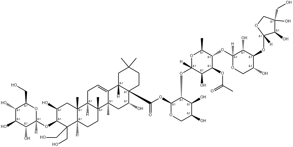 Olean-12-en-28-oic acid, 3-(β-D-glucopyranosyloxy)-2,16,23,24-tetrahydroxy-, O-D-apio-β-D-furanosyl-(1→3)-O-β-D-xylopyranosyl-(1→4)-O-3-O-acetyl-6-deoxy-α-L-mannopyranosyl-(1→2)-α-L-arabinopyranosyl ester, (2β,3β,16α)- Struktur