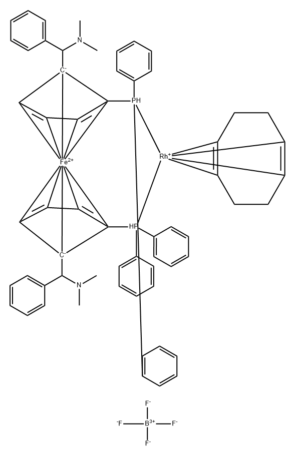 (ALPHA R, ALPHA''R'')-2,2''-BIS(A-N,N-DIMETHYLAMINOBENZYL)-(S,S)-1,1''-BIS-(DIPHENYLPHOSPHINO)-FERROCENE-(1,5-CYCLOOCTADIENE)-RHODIUM(I)]-TETRAFLUOROBORATE Struktur