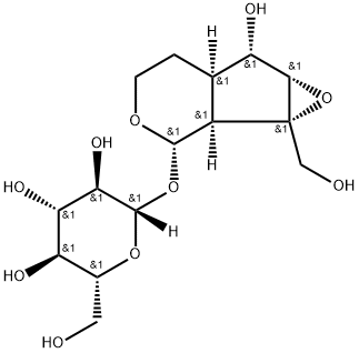 (2S,3R,4S,5S,6R)-2-[[(1aS,1bS,2S,5aR,6S,6aS)-6-hydroxy-1a-(hydroxymethyl)-2,4,5,5a,6,6a-hexahydro-1bH-oxireno[5,6]cyclopenta[1,3-c]pyran-2-yl]oxy]-6-(hydroxymethyl)oxane-3,4,5-triol Struktur