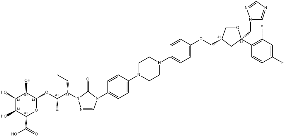 D-threo-Pentitol, 2,5-anhydro-1,3,4-trideoxy-2-C-(2,4-difluorophenyl)-4-[[4-[4-[4-[1-[(1S,2S)-1-ethyl-2-(β-D-glucopyranuronosyloxy)propyl]-1,5-dihydro-5-oxo-4H-1,2,4-triazol-4-yl]phenyl]-1-piperazinyl]phenoxy]methyl]-1-(1H-1,2,4-triazol-1-yl)- Struktur