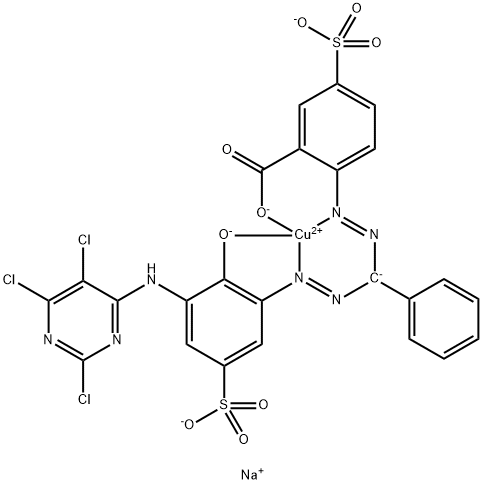 trisodium [2-[[alpha-[[2-hydroxy-5-sulpho-3-[(2,5,6-trichloro-4-pyrimidinyl)amino]phenyl]azo]benzyl]azo]-5-sulphobenzoato(5-)]cuprate(3-) Struktur