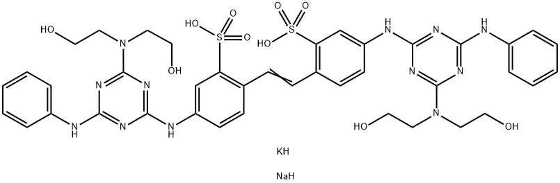 potassium sodium 4,4'-bis[6-anilino-4-[bis(2-hydroxyethyl)amino]-1,3,5-triazin-2-yl]amino]stilbene-2,2'-disulphonate Struktur