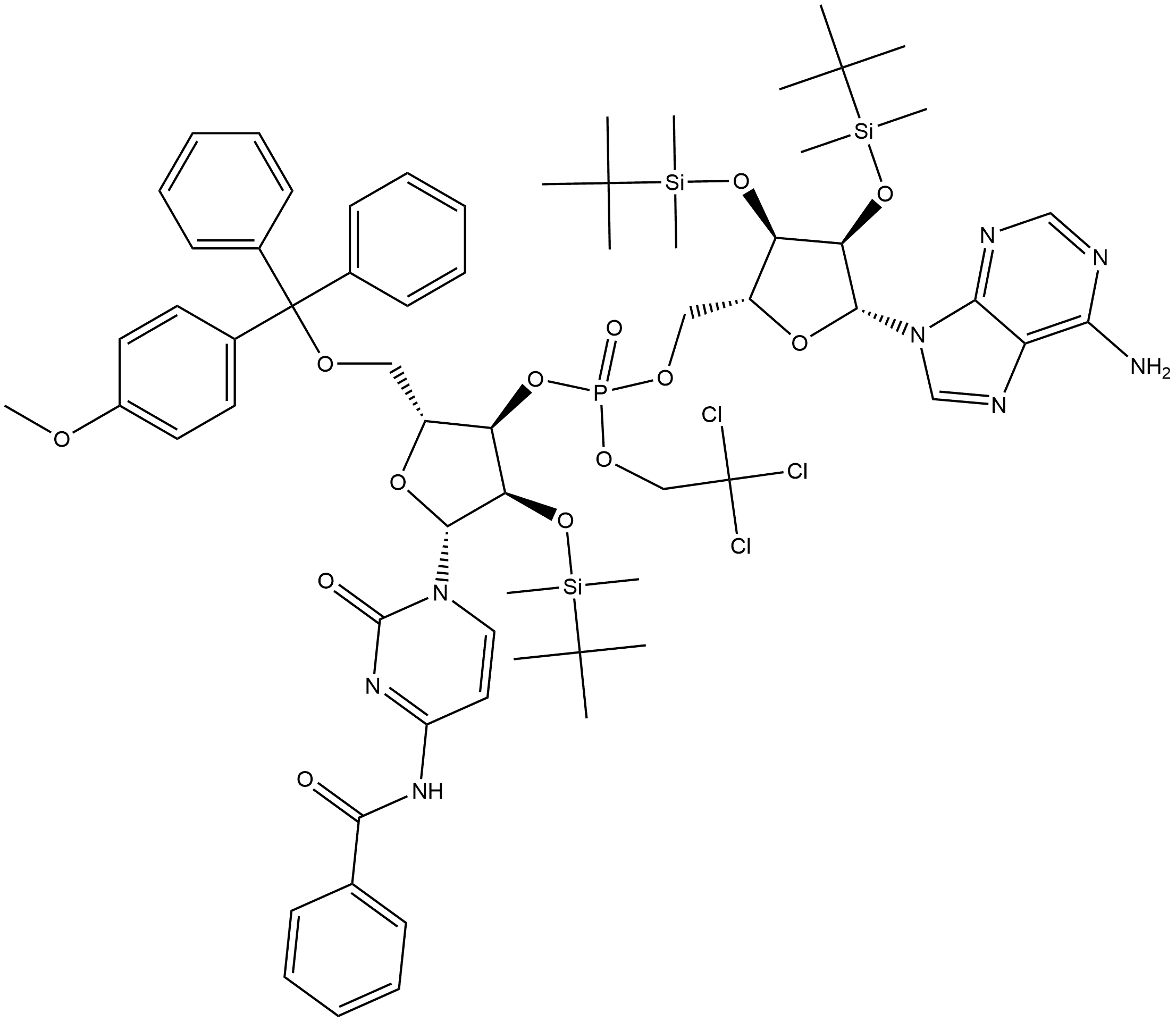 Adenosine, N-benzoyl-2'-O-[(1,1-dimethylethyl)dimethylsilyl]-5'-O-[(4-methoxyphenyl)diphenylmethyl]-P-(2,2,2-trichloroethyl)cytidylyl-(3'→5')-2',3'-bis-O-[(1,1-dimethylethyl)dimethylsilyl]- (9CI)