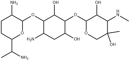 D-myo-Inositol, O-3-deoxy-4-C-methyl-3-(methylamino)-β-L-arabinopyranosyl-(1→6)-O-[2,6-diamino-2,3,4,6,7-pentadeoxy-α-D-ribo-heptopyranosyl-(1→4)]-3-amino-2,3-dideoxy- (9CI) Struktur