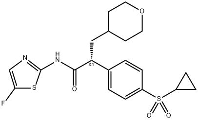 2H-Pyran-4-propanamide, α-[4-(cyclopropylsulfonyl)phenyl]-N-(5-fluoro-2-thiazolyl)tetrahydro-, (αR)- Struktur