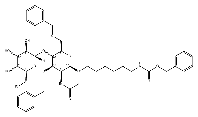 Carbamic acid, 6-2-(acetylamino)-2-deoxy-4-O-.beta.-D-galactopyranosyl-3,6-bis-O-(phenylmethyl)-.beta.-D-glucopyranosyloxyhexyl-, phenylmethyl ester Struktur