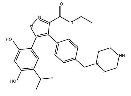 5-(2,4-Dihydroxy-5-isopropylphenyl)-N-ethyl-4-(4-(piperazin-1-ylmethyl)phenyl)isoxazole-3-carboxamide Struktur