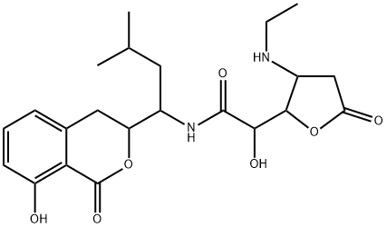 5-[N-[(S)-1-[[(S)-3,4-Dihydro-8-hydroxy-1-oxo-1H-2-benzopyran]-3-yl]-3-methylbutyl]aminocarbonyl]-2,3-dideoxy-3-ethylamino-D-ribo-pentonic acid 1,4-lactone Struktur