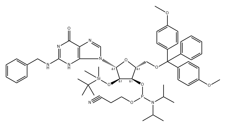 N2-Benzyl-2'-O-tert-butyldimethylsilyl-5'-O-DMT-guanosine 3'-CE phosphoramidite Struktur