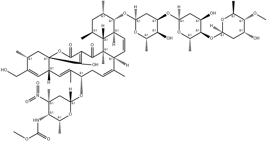 18H-16a,19-Metheno-16aH-benzo[b]naphth[2,1-j]oxacyclotetradecin-18,20(1H)-dione, 4-[(O-2,6-dideoxy-4-O-methyl-β-L-ribo-hexopyranosyl-(1→4)-O-2,6-dideoxy-α-L-ribo-hexopyranosyl-(1→3)-2,6-dideoxy-α-L-ribo-hexopyranosyl)oxy]-2,3,4,4a,6a,9,10,12a,15,16,20a,20b-dodecahydro-21-hydroxy-14-(hydroxymethyl)-1,3,7,11,15,20a-hexamethyl-10-[[2,3,4,6-tetradeoxy-4-[(methoxycarbonyl)amino]-3-C-methyl-3-nitro-β-D-xylo-hexopyranosyl]oxy]-, (1S,3S,4S,4aS,6aS,7E,10S,11E,12aS,15R,16aS,20aS,20bR)- Struktur