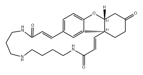 17,19-Etheno-22H-benzofuro[3a,3-n][1,5,10]triazacycloeicosine-3,14,22-trione, 4,5,6,7,8,9,10,11,12,13,20a,21,23,24-tetradecahydro-, (1E,15E,20aR,24aS)-rel- Struktur