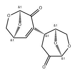 .beta.-D-erythro-Hexopyranos-2-ulose, 1,6-anhydro-3,4-dideoxy-4-(4-oxo-6,8-dioxabicyclo3.2.1oct-2-en-3-yl)-, (1S-cis)- Struktur