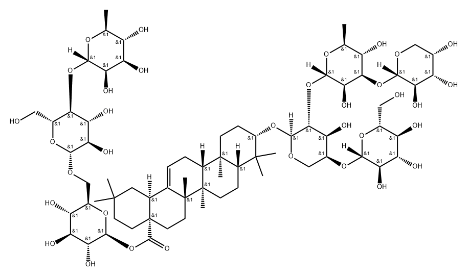 Olean-12-en-28-oic acid, 3-[(O-α-L-arabinopyranosyl-(1→3)-O-6-deoxy-α-L-mannopyranosyl-(1→2)-O-[β-D-glucopyranosyl-(1→4)]-α-L-arabinopyranosyl)oxy]-, O-6-deoxy-α-L-mannopyranosyl-(1→4)-O-β-D-glucopyranosyl-(1→6)-β-D-glucopyranosyl ester, (3β)- Struktur