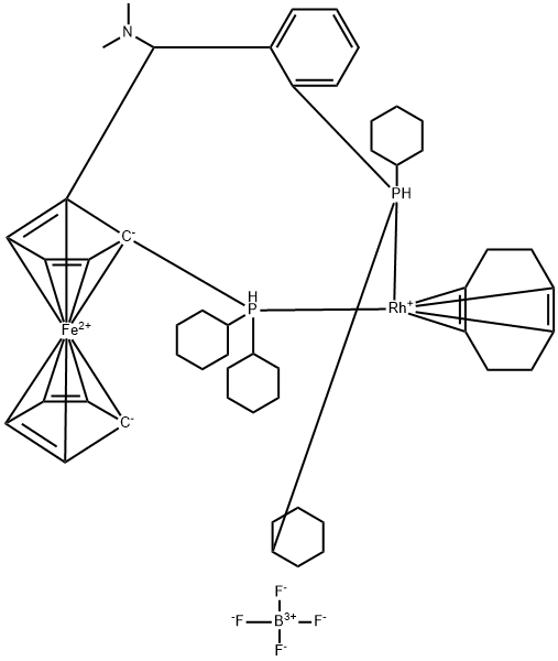 Rhodium(1+), [(1,2,5,6-η)-1,5-cyclooctadiene][(1R)-1-(dicyclohexylphosphino-κP)-2-[(R)-[2-(dicyclohexylphosphino-κP)phenyl](dimethylamino)methyl]ferrocene]-, tetrafluoroborate(1-) (9CI) Struktur