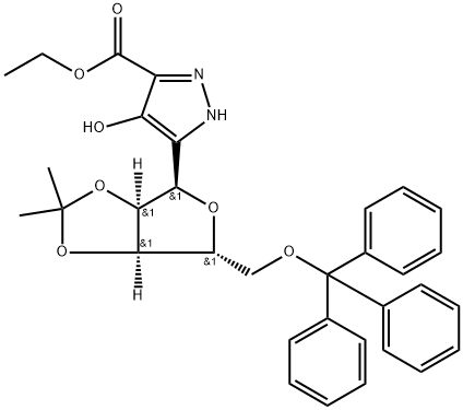 4-Hydroxy-5-[2,3-O-(1-methylethylidene)-5-O-(triphenylmethyl)-α-D-ribofuranosyl]-1H-pyrazole-3-carboxylic Acid Ethyl Ester Struktur