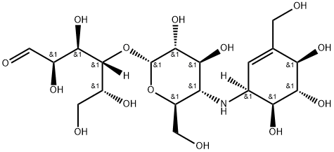 4-O-[4-[[(1S)-4β,5α,6β-Trihydroxy-3-(hydroxymethyl)-2-cyclohexen-1β-yl]amino]-4-deoxy-α-D-glucopyranosyl]-D-glucose Struktur