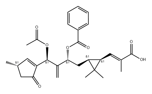 2-Propenoic acid, 3-[(1R,3S)-3-[(2R)-3-[(S)-(acetyloxy)[(3S)-3-methyl-5-oxo-1-cyclopenten-1-yl]methyl]-2-(benzoyloxy)-3-buten-1-yl]-2,2-dimethylcyclopropyl]-2-methyl-, (2E)-rel-(-)- Struktur