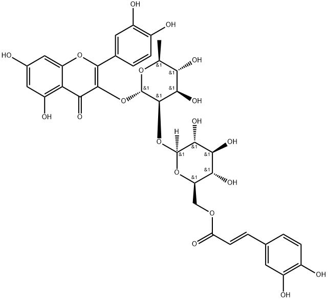 4H-1-Benzopyran-4-one, 3-[[6-deoxy-2-O-[6-O-[(2E)-3-(3,4-dihydroxyphenyl)-1-oxo-2-propen-1-yl]-β-D-glucopyranosyl]-α-L-mannopyranosyl]oxy]-2-(3,4-dihydroxyphenyl)-5,7-dihydroxy- Struktur