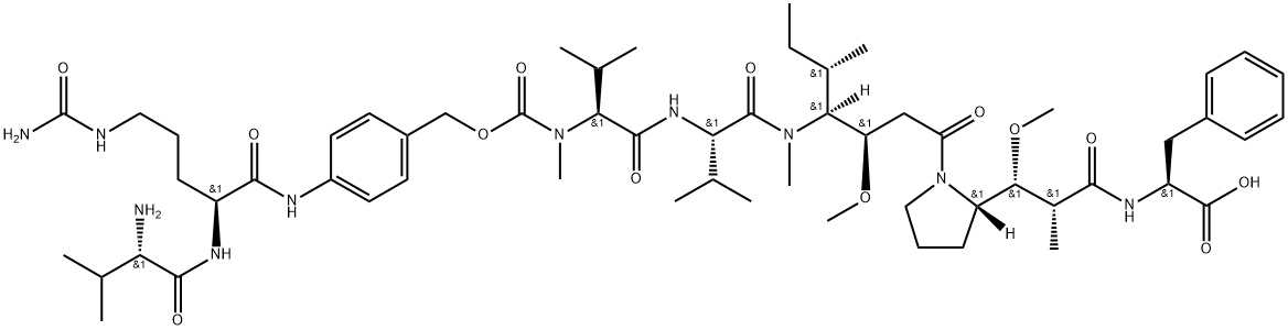 L-Phenylalanine, N-methyl-N-[[[4-[[L-valyl-N5-(aminocarbonyl)-L-ornithyl]amino]phenyl]methoxy]carbonyl]-L-valyl-L-valyl-(3R,4S,5S)-3-methoxy-5-methyl-4-(methylamino)heptanoyl-(αR,βR,2S)-β-methoxy-α-methyl-2-pyrrolidinepropanoyl- Structure