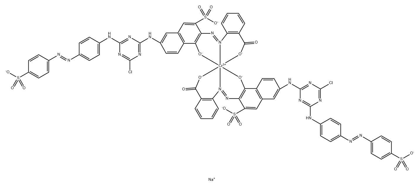 Chromate(5-), bis2-6-4-chloro-6-4-(4-sulfophenyl)azophenylamino-1,3,5-triazin-2-ylamino-1-hydroxy-3-sulfo-2-naphthalenylazobenzoato(4-)-, pentasodium Struktur