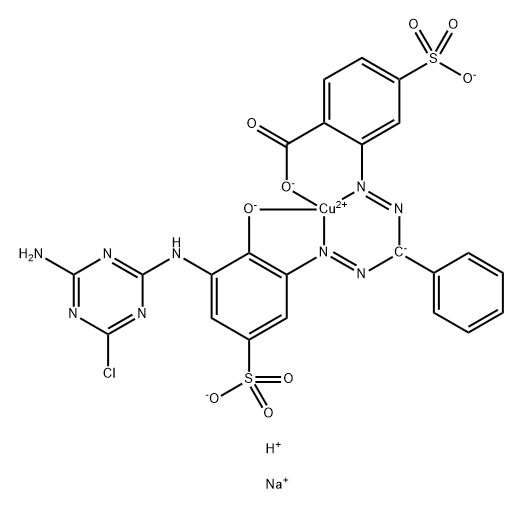 Cuprate, [2-[[[[3-[(4-amino-6-chloro-1,3,5-triazin-2-yl)amino]-2-hydroxy-5-sulfophenyl]azo]phenylmethyl]azo]-4-sulfobenzoato]-, disodium hydrogen Struktur