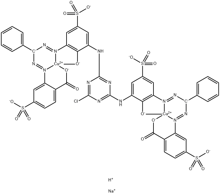 Cuprate, [m-[[2,2'-[(6-chloro-1,3,5-triazine-2,4-diyl)bis[imino(2-hydroxy-5-sulfo-3,1-phenylene)azo(phenylmethylene)azo]]bis(4-sulfobenzoato)](10-)]]di-, tetrasodium dihydrogen Struktur